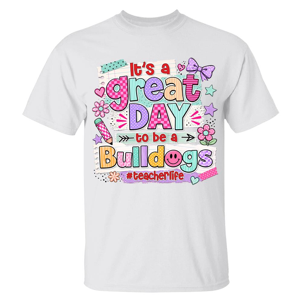 Striped Neon It's A Great Day To Be A Bulldog Personalized School Mascot Retro Stripe Shirt For Teacher Hv01