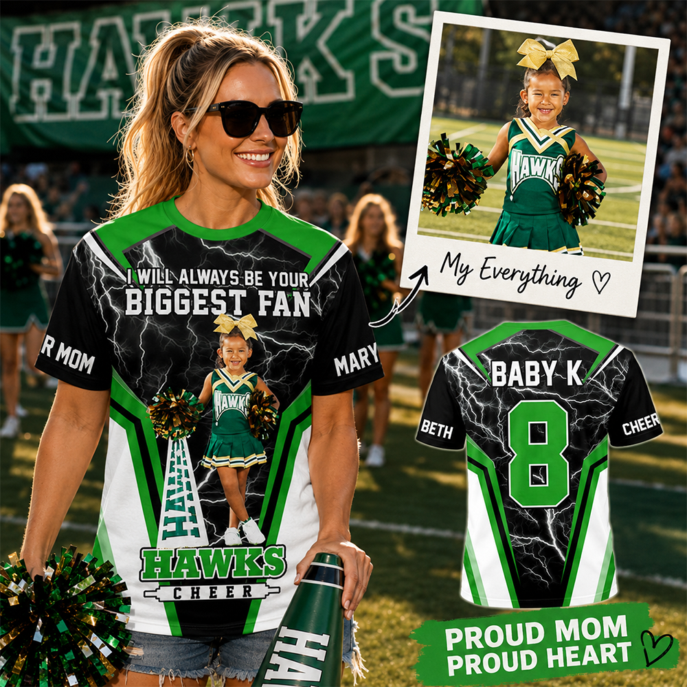 Personalized Cheer Mom Shirt, I’ll Always Be Your Biggest Fan, Custom Player Name & Number All Over Print Game Day Shirt for Mom Grandma Family Hv01
