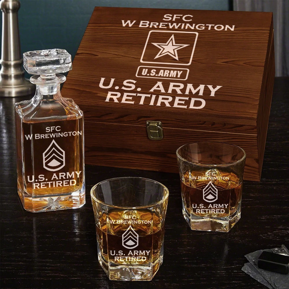 Custom All Branches US Veteran Whiskey Decanter Set Gift for Veteran Military Retirement H2511