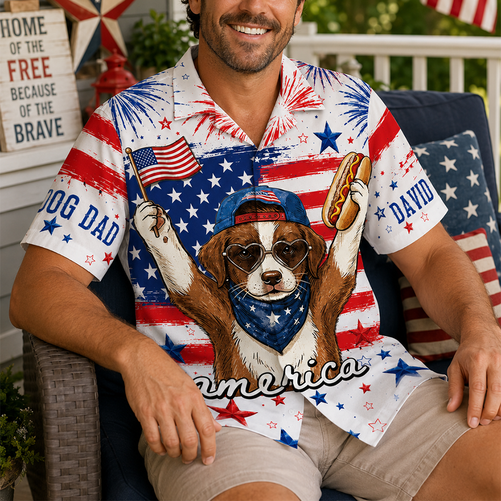 Funny Dog Hot Dog American Flag - Personalized Hawaiian Shirt - Custom Dog Cat Photo Shirt - Gift for Patriots Pet Lover T1807 Hv01