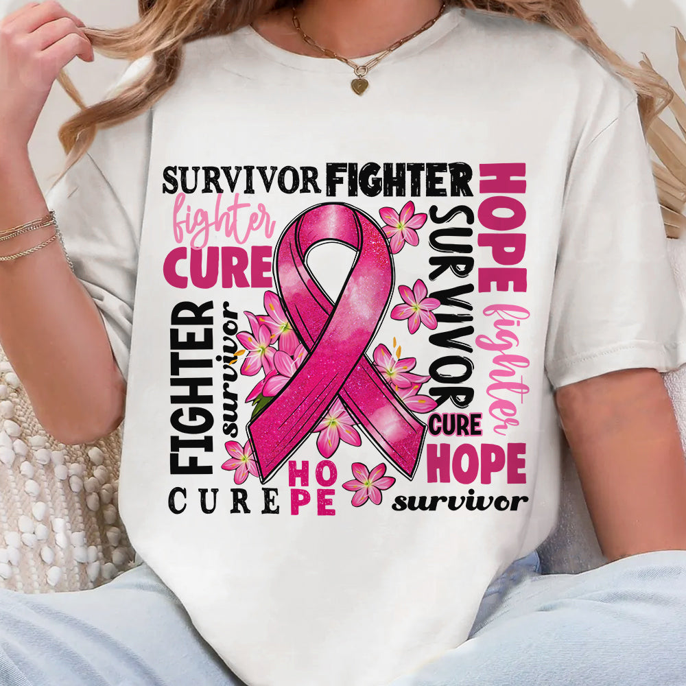 Survivor Fighter Hope Cure Breast Cancer Ribbon Shirt H2511 Trna