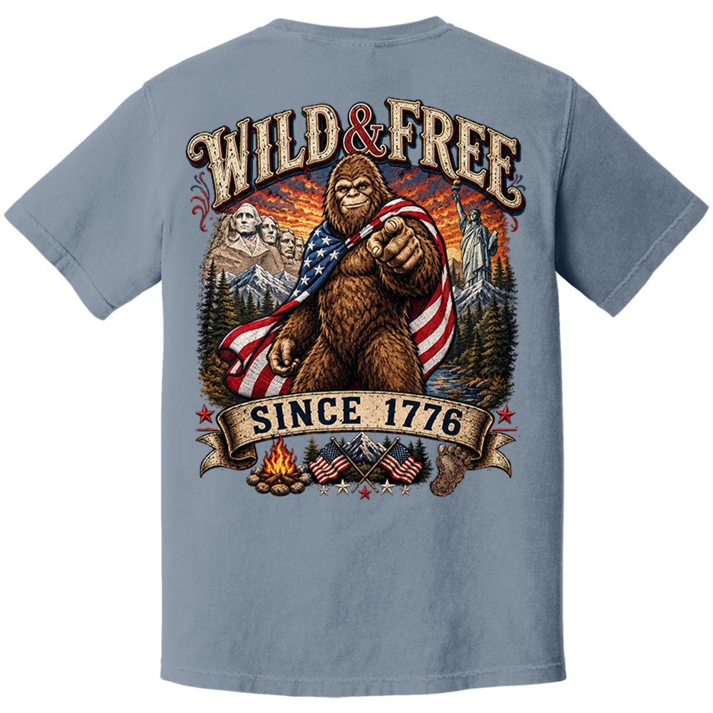 Custom Wild & Free Since 1776 Bigfoot Patriotic T-Shirt