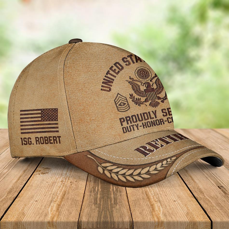 Proudly Served Duty Honor Country with All Branches Of Services Rank Personalized Vintage Cap for Veteran - United States Military Gift H2511 Trna