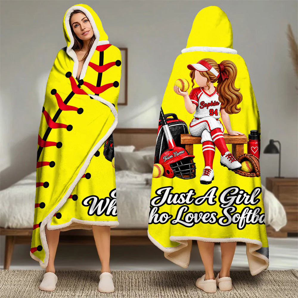 Just A Girl Who Loves Softball - Personalized Wearable Blanket Hoodie with Custom Name & Number, Gift For  Softball Players A2110 T24 VN09