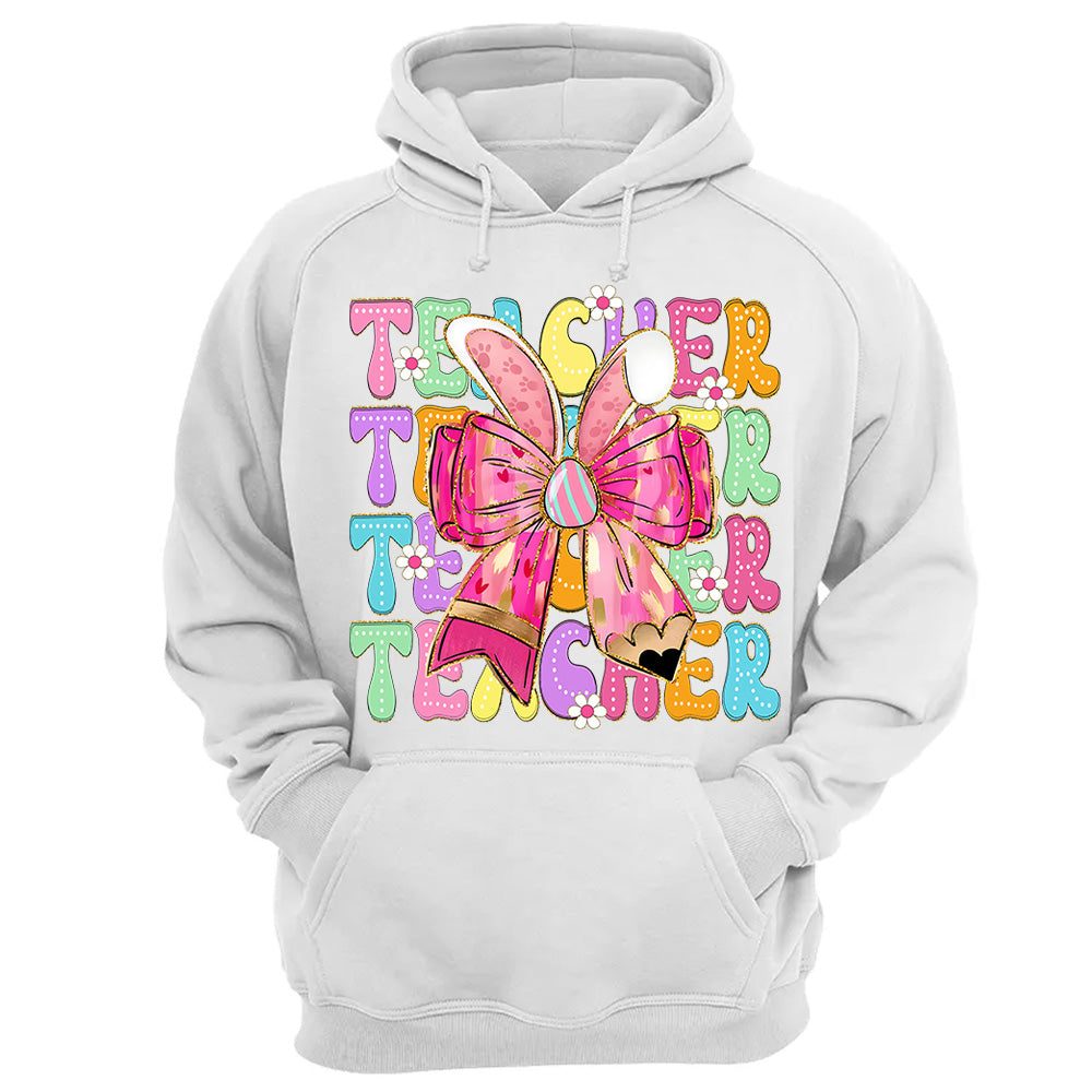 Teacher Easter Bunny Shirt Brushstroke Easter Hoppy Pencil Bow Teacher Life Shirt Custom Grade Level Teacher H2511 Nv01