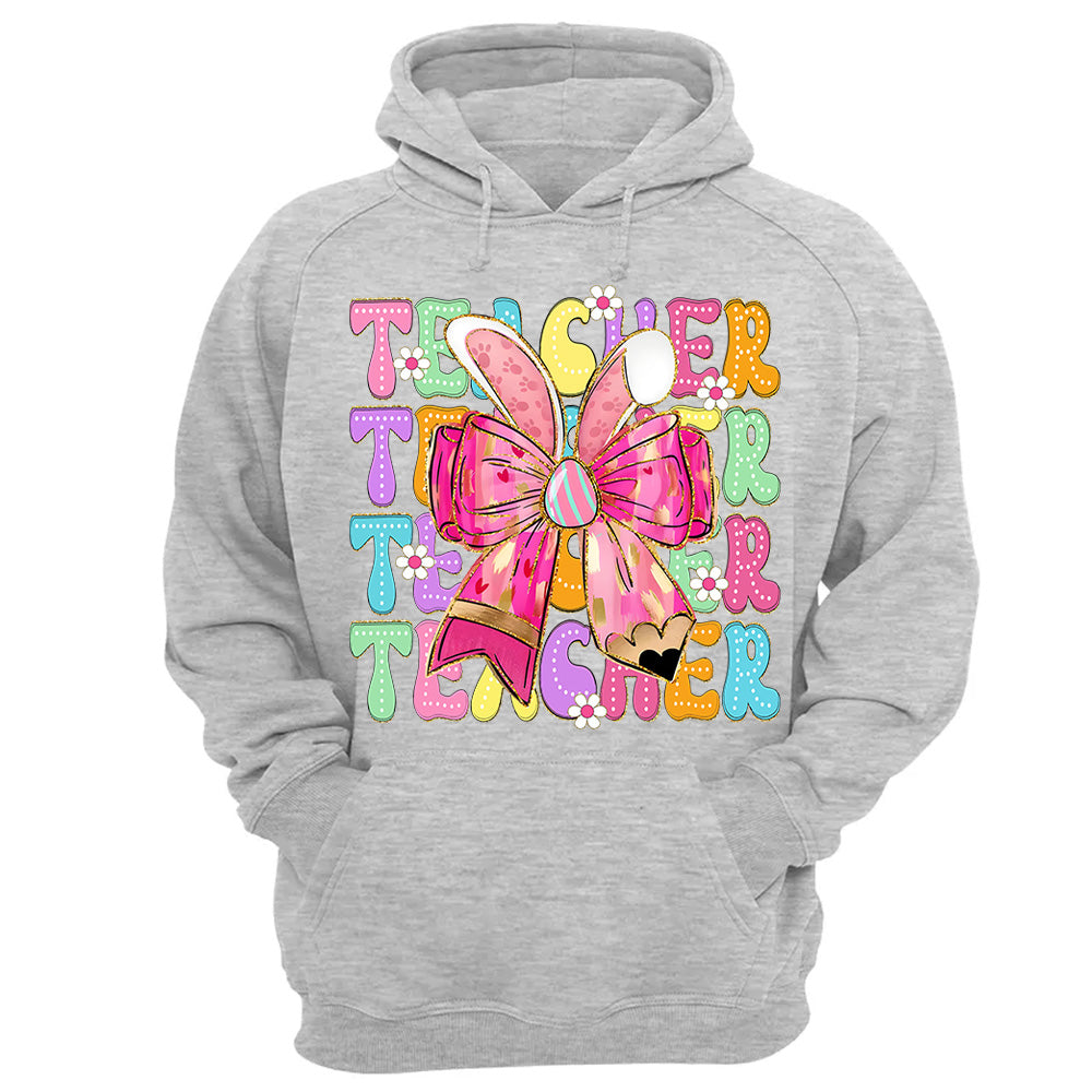 Teacher Easter Bunny Shirt Brushstroke Easter Hoppy Pencil Bow Teacher Life Shirt Custom Grade Level Teacher H2511 Nv01