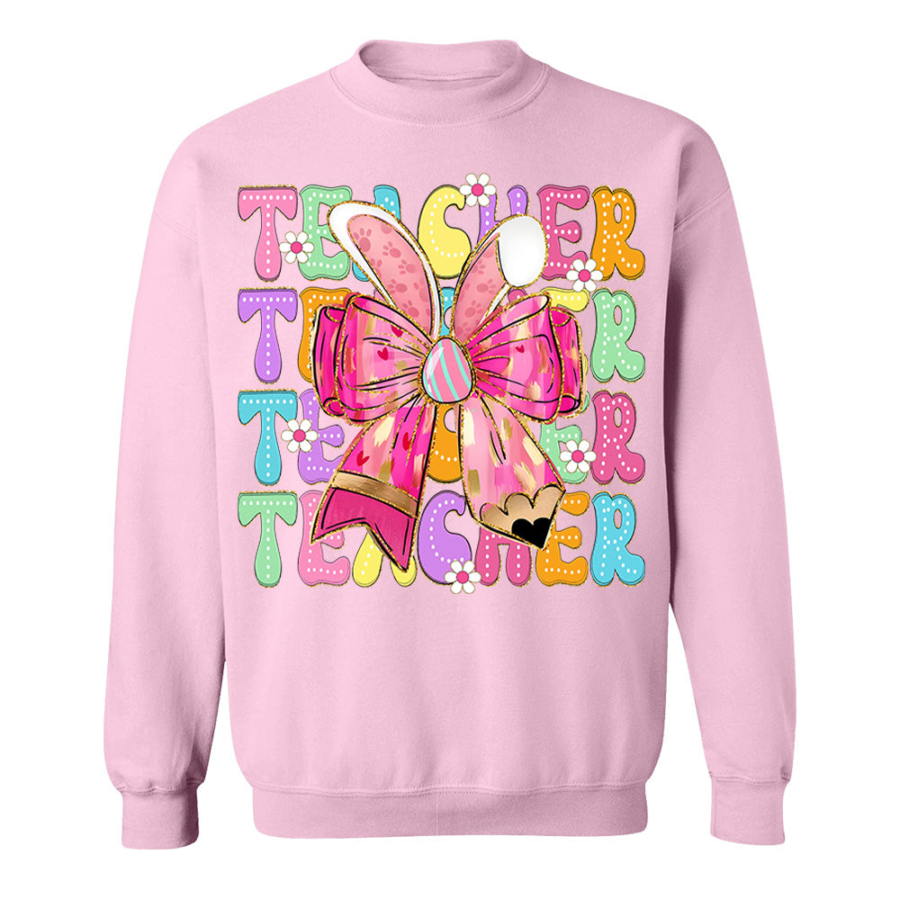 Teacher Easter Bunny Shirt Brushstroke Easter Hoppy Pencil Bow Teacher Life Shirt Custom Grade Level Teacher H2511 Nv01