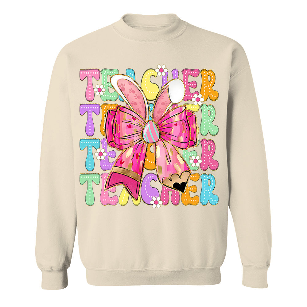 Teacher Easter Bunny Shirt Brushstroke Easter Hoppy Pencil Bow Teacher Life Shirt Custom Grade Level Teacher H2511 Nv01