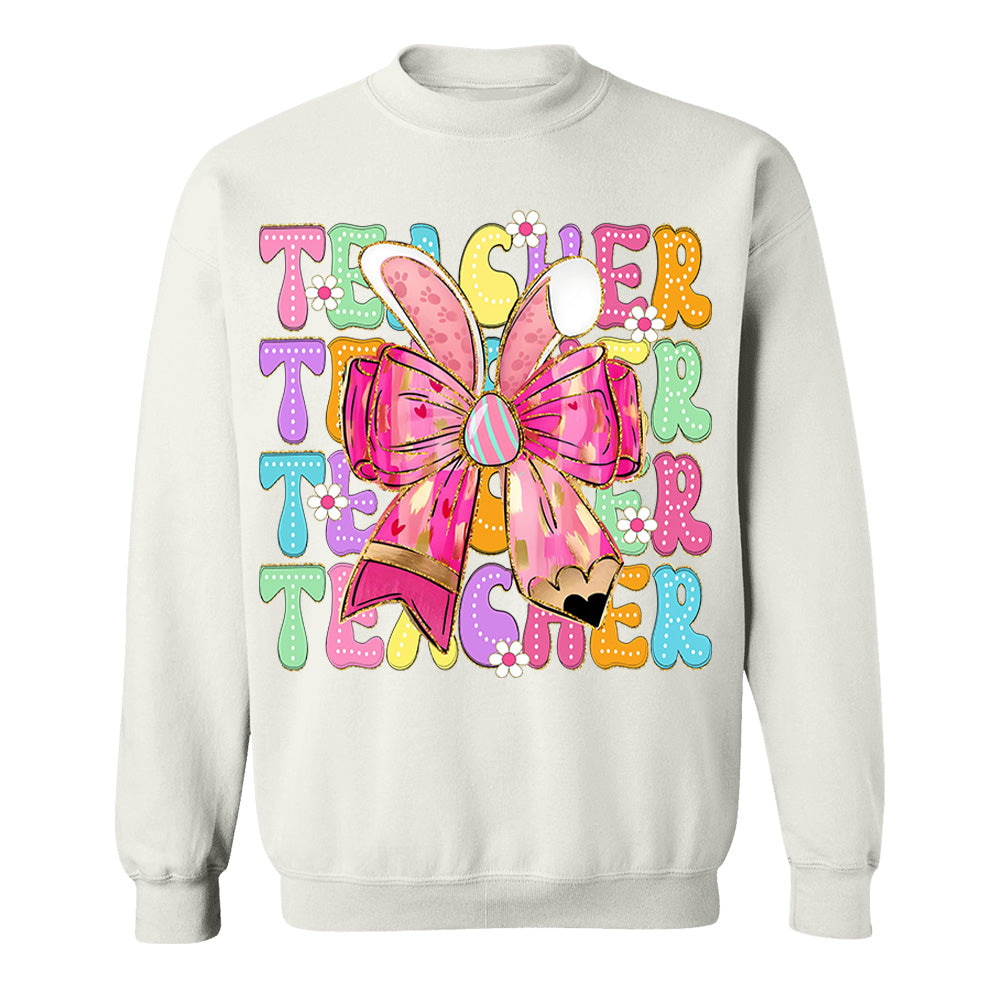 Teacher Easter Bunny Shirt Brushstroke Easter Hoppy Pencil Bow Teacher Life Shirt Custom Grade Level Teacher H2511 Nv01