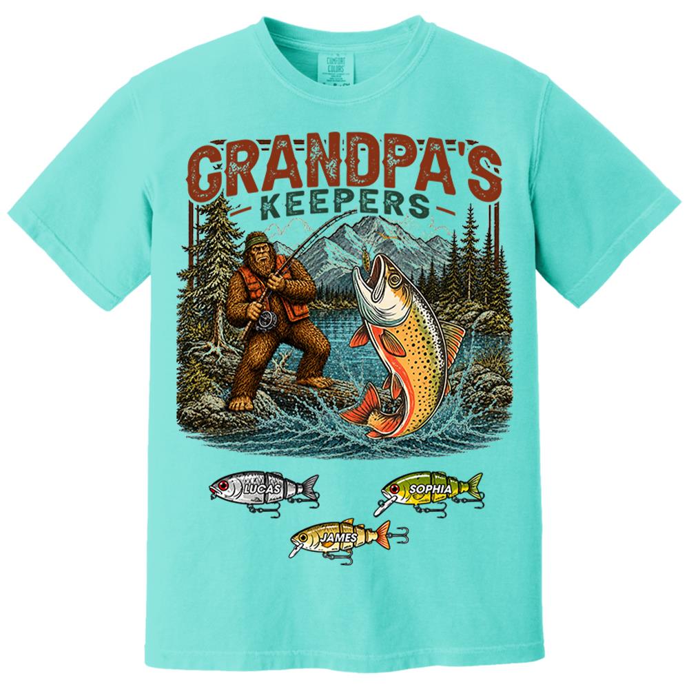 Grandpa's Keepers Bigfoot Fishing Shirt, Personalized Dad Shirt With Custom Kids, Bigfoot Fisherman Father's Day Gift, Gift for Dad Na02 Nh00
