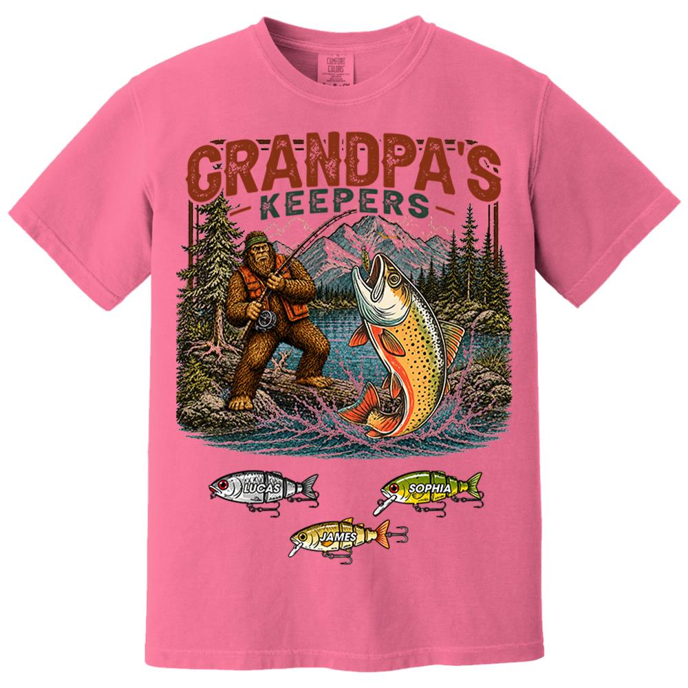 Grandpa's Keepers Bigfoot Fishing Shirt, Personalized Dad Shirt With Custom Kids, Bigfoot Fisherman Father's Day Gift, Gift for Dad Na02 Nh00
