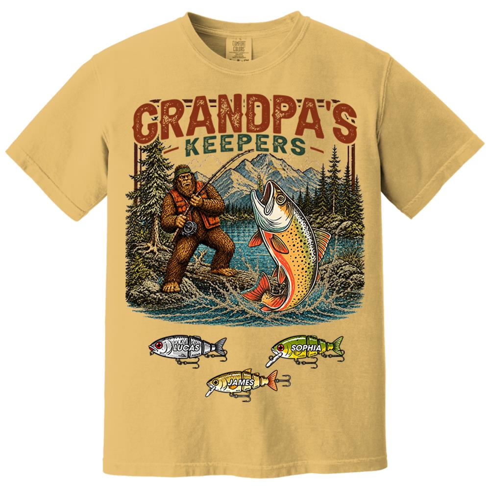 Grandpa's Keepers Bigfoot Fishing Shirt, Personalized Dad Shirt With Custom Kids, Bigfoot Fisherman Father's Day Gift, Gift for Dad Na02 Nh00