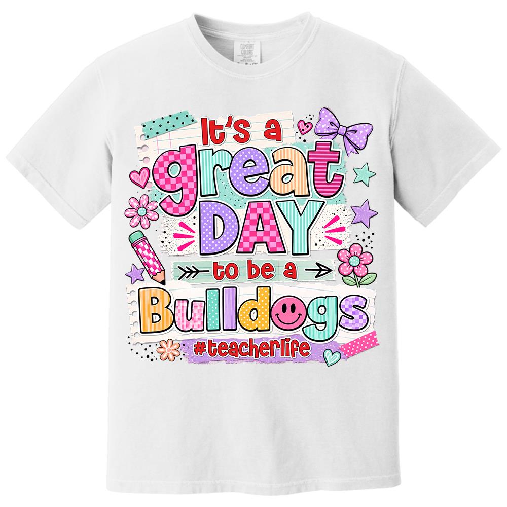 Striped Neon It's A Great Day To Be A Bulldog Personalized School Mascot Retro Stripe Shirt For Teacher Hv01