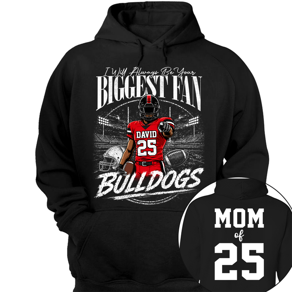 I'll Always Be Your Biggest Fan, Personalized Football Mom Shirt, Custom Player Name & Number Tee, Game Day Mom Gift Na02 Hv01