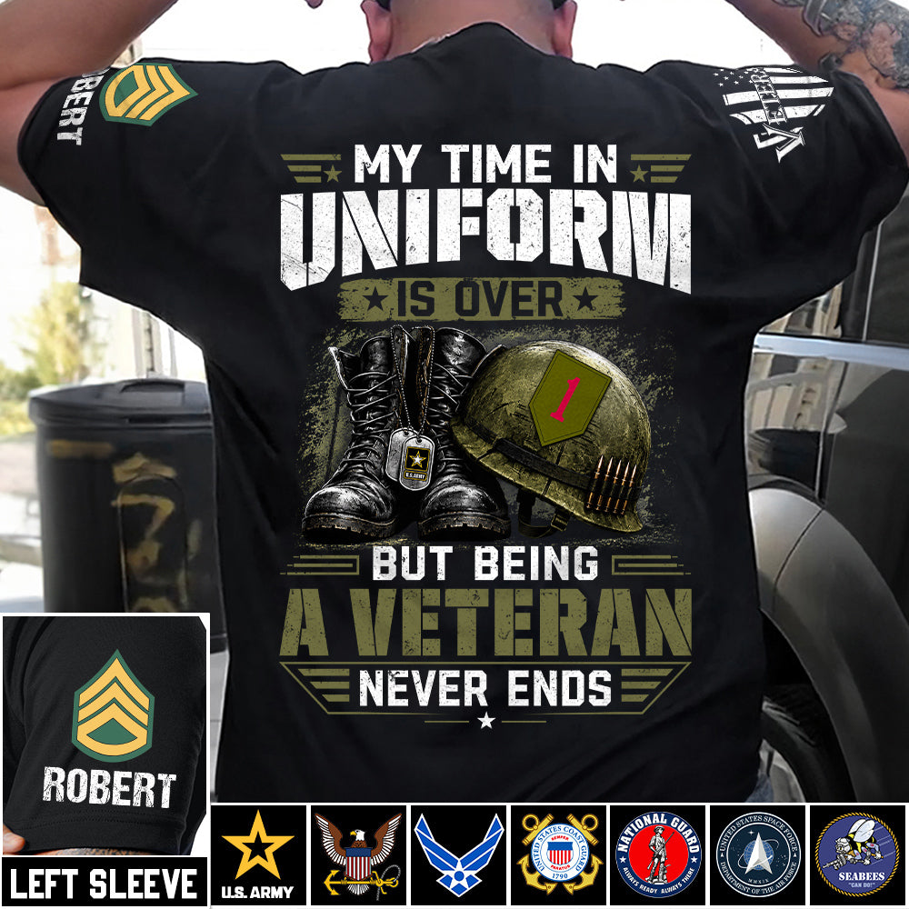 My Time In Uniform Is Over But Being A Veteran Never Ends Custom Division Rank Shirt For Proud Veteran Dad Grandpa H2511 Trna