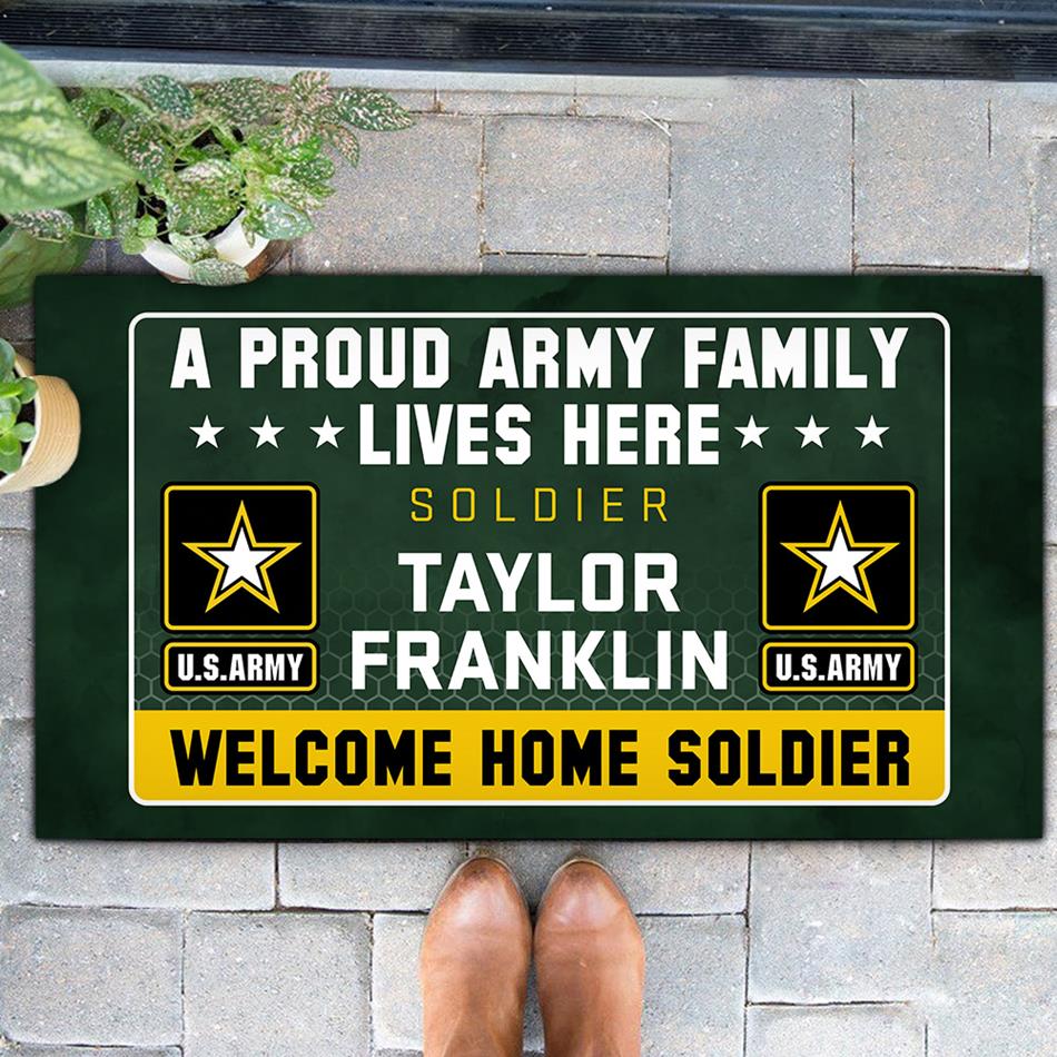 A Proud Army Family Lives Here Welcome Home Soldier Custom Doormat Gift For Military Familes H2511 Trna