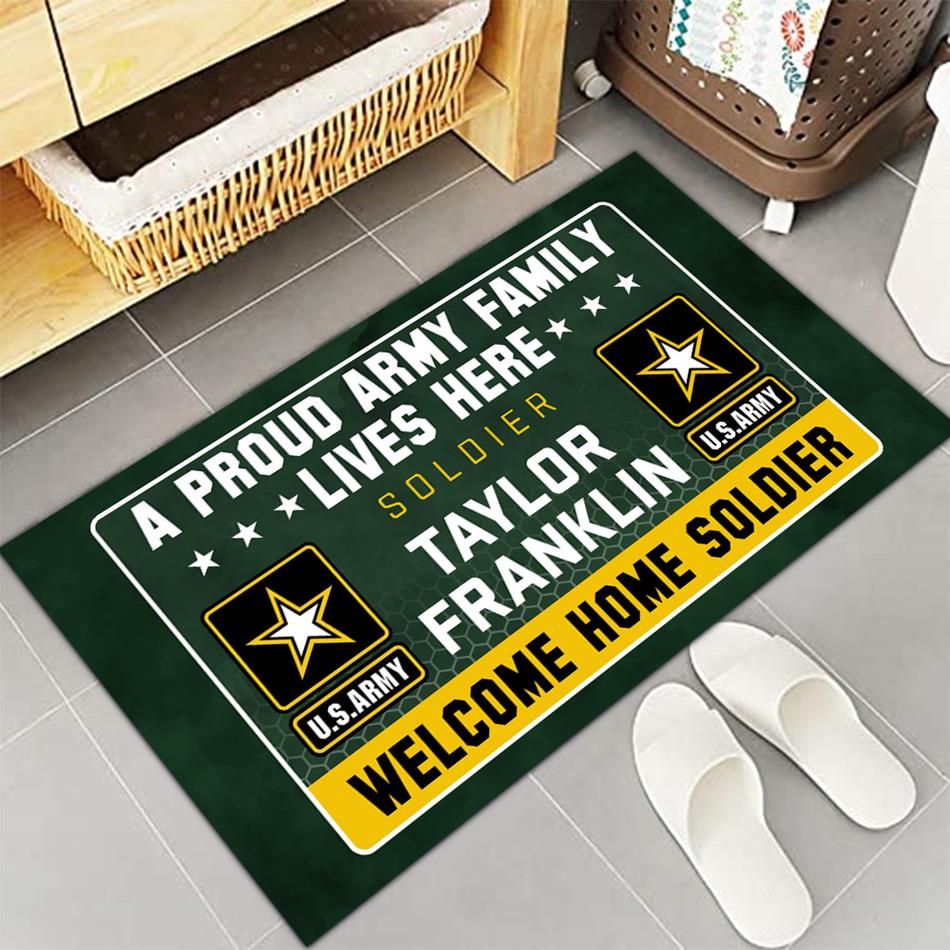 A Proud Army Family Lives Here Welcome Home Soldier Custom Doormat Gift For Military Familes H2511 Trna