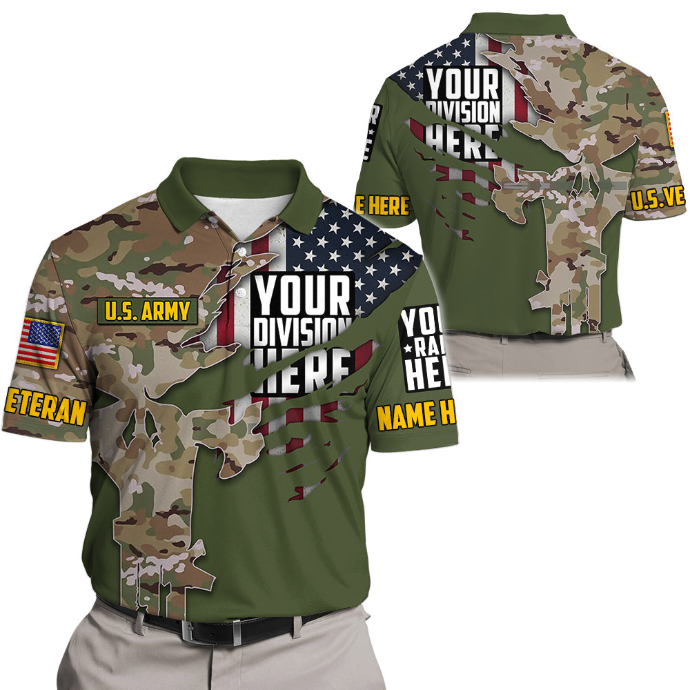 Camouflage Skull Custom Division Rank Personalized All Over Print Shirt For Veteran H2511