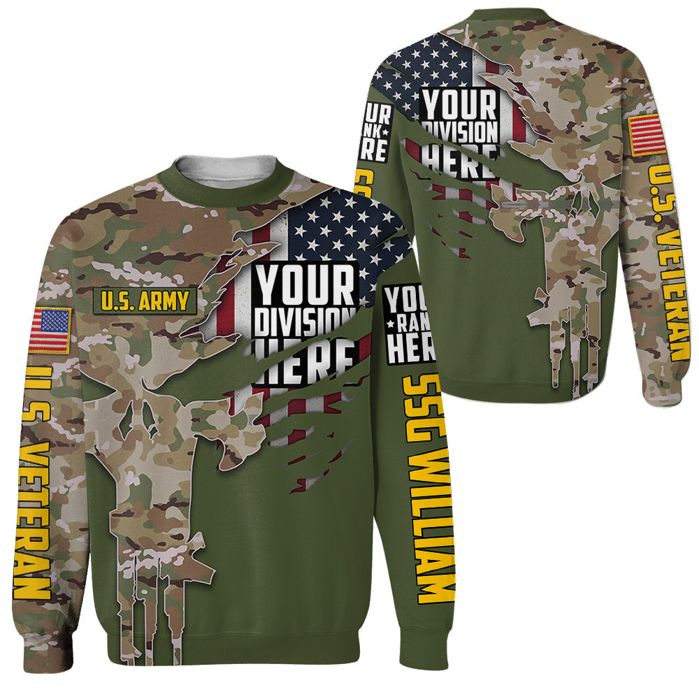 Camouflage Skull Custom Division Rank Personalized All Over Print Shirt For Veteran H2511