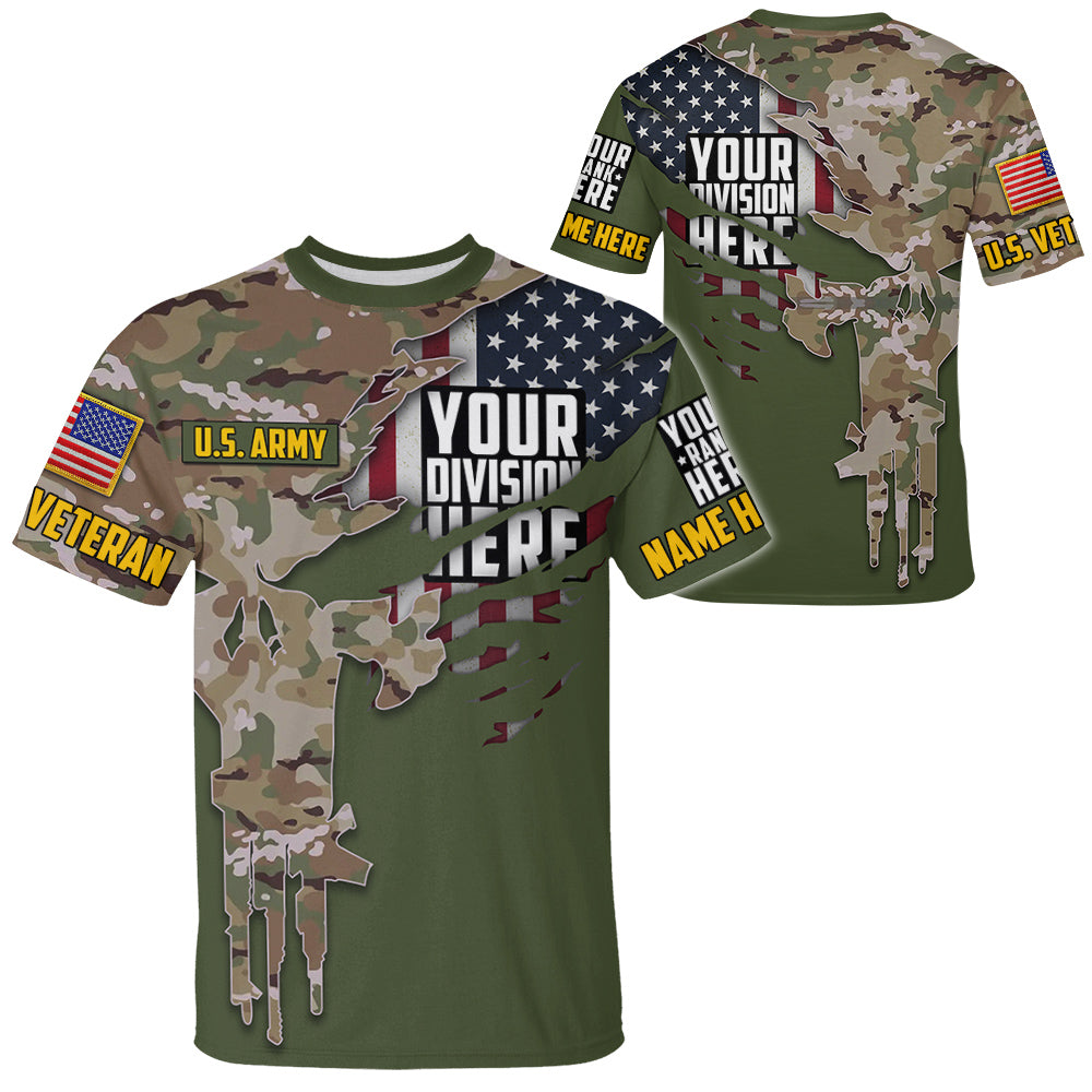 Camouflage Skull Custom Division Rank Personalized All Over Print Shirt For Veteran H2511