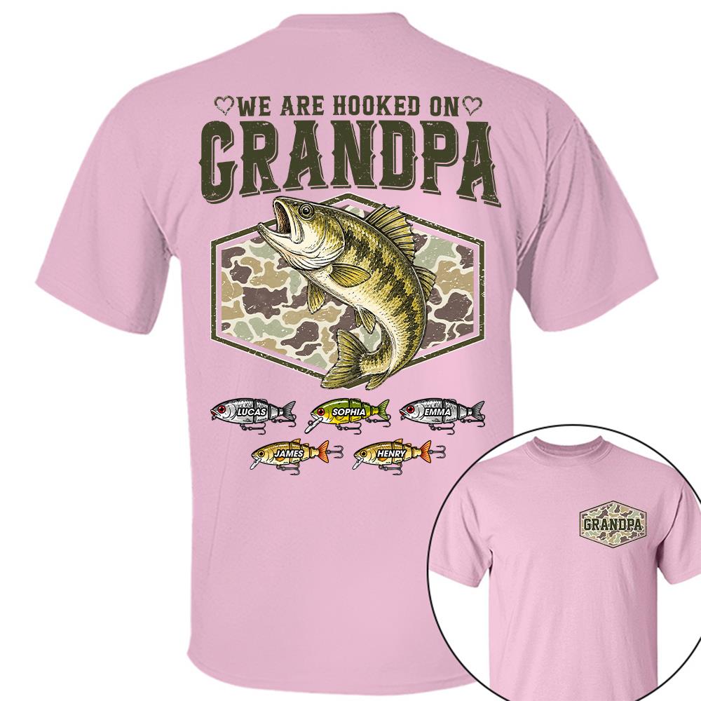We Are Hooked On Grandpa Personalized Vintage Retro Fishing Shirt, Custom Fishing Gift for Dad, Father's Day Tee Na02 Hv01