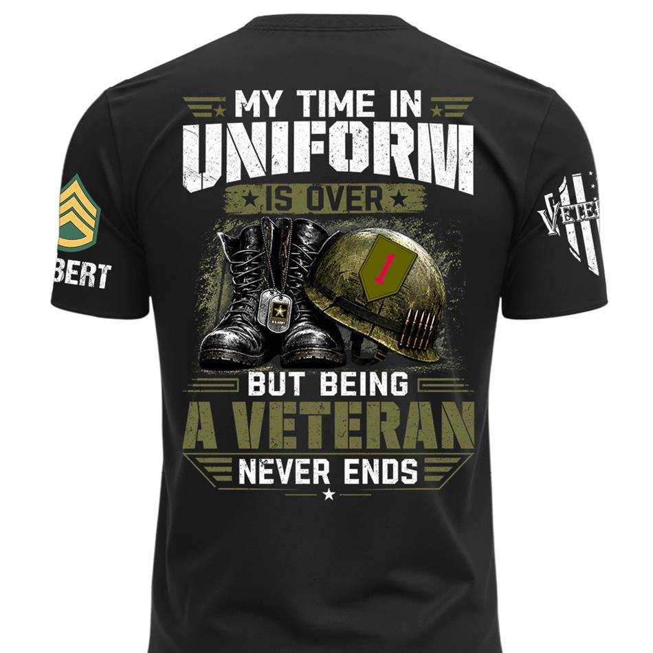 My Time In Uniform Is Over But Being A Veteran Never Ends Custom Division Rank Shirt For Proud Veteran Dad Grandpa H2511 Trna