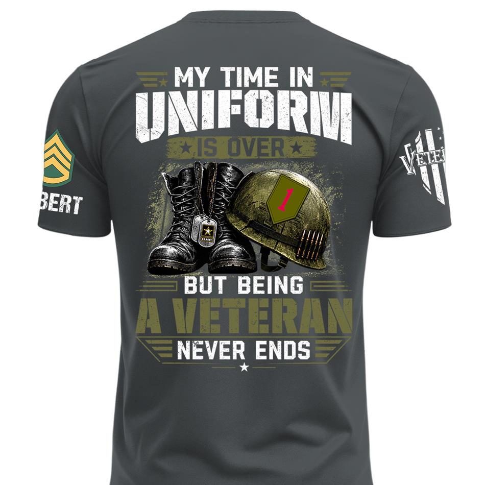 My Time In Uniform Is Over But Being A Veteran Never Ends Custom Division Rank Shirt For Proud Veteran Dad Grandpa H2511 Trna