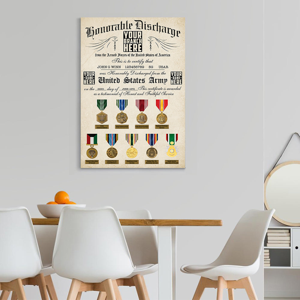 US Military Veteran Honorable Discharge Certificate Personalized Poster Canvas For Military Veteran H2511
