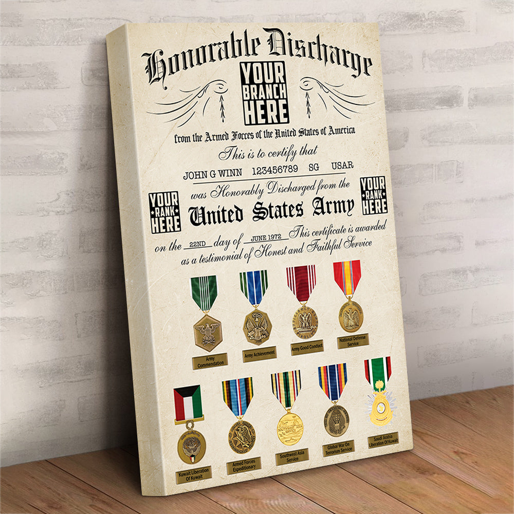 US Military Veteran Honorable Discharge Certificate Personalized Poster Canvas For Military Veteran H2511