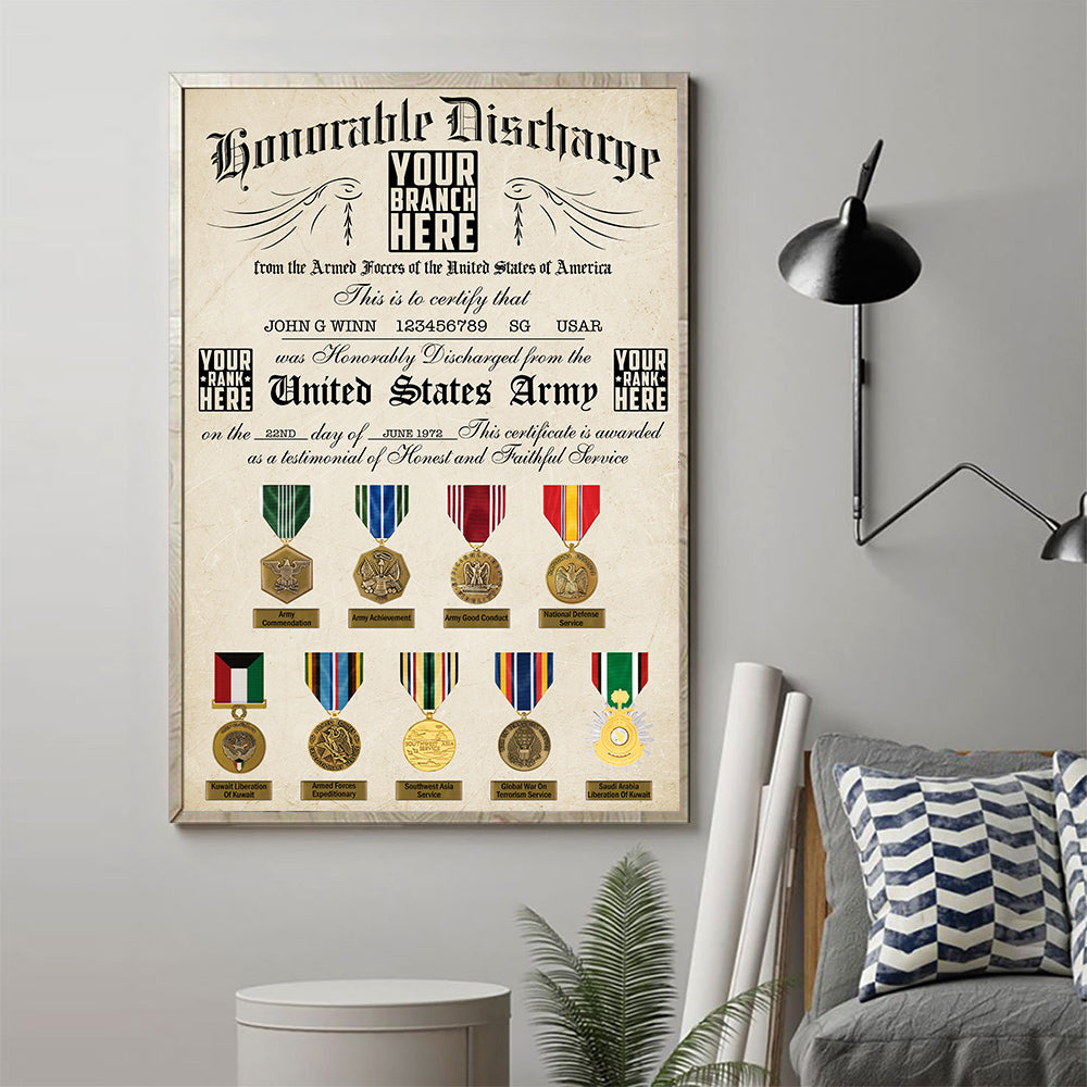 US Military Veteran Honorable Discharge Certificate Personalized Poster Canvas For Military Veteran H2511