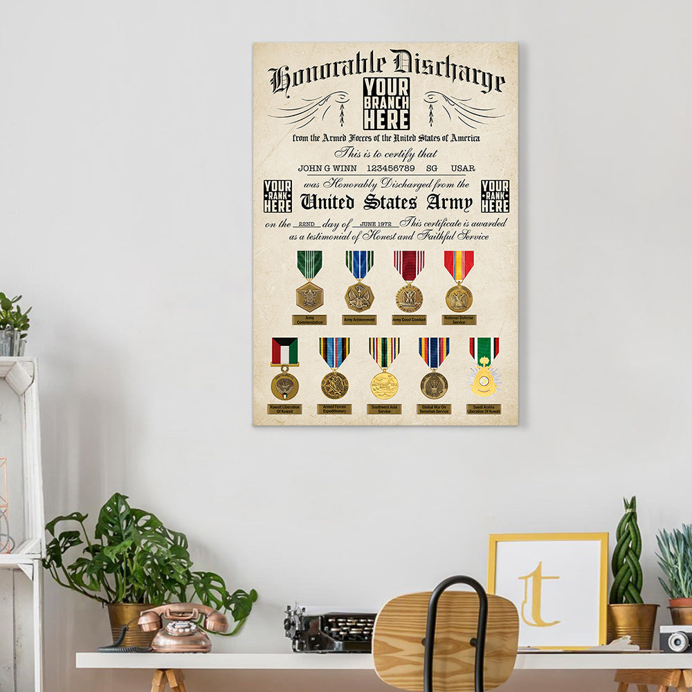 US Military Veteran Honorable Discharge Certificate Personalized Poster Canvas For Military Veteran H2511