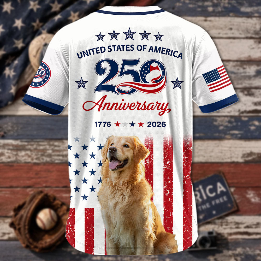 Custom Upload Photo Golden Retriever USA 250th Anniversary Baseball Jersey 1776-2026 Patriotic Dog Lovers Shirt Pt99
