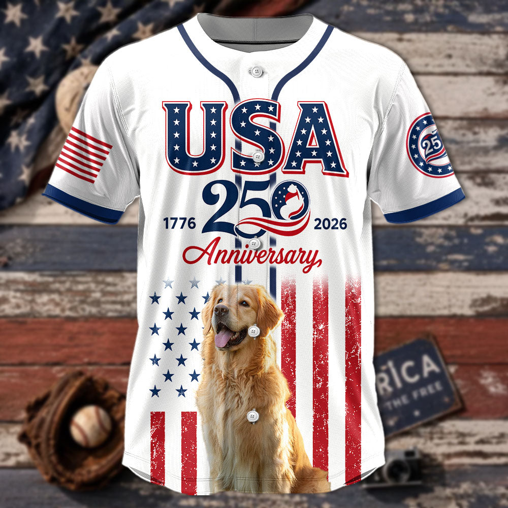 Custom Upload Photo Golden Retriever USA 250th Anniversary Baseball Jersey 1776-2026 Patriotic Dog Lovers Shirt Pt99