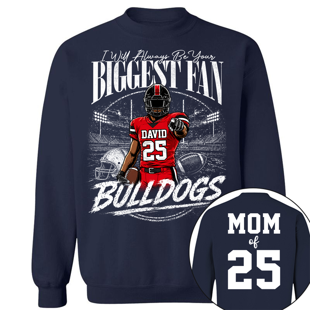 I'll Always Be Your Biggest Fan, Personalized Football Mom Shirt, Custom Player Name & Number Tee, Game Day Mom Gift Na02 Hv01