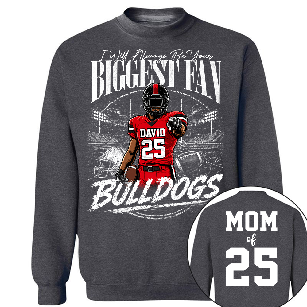 I'll Always Be Your Biggest Fan, Personalized Football Mom Shirt, Custom Player Name & Number Tee, Game Day Mom Gift Na02 Hv01