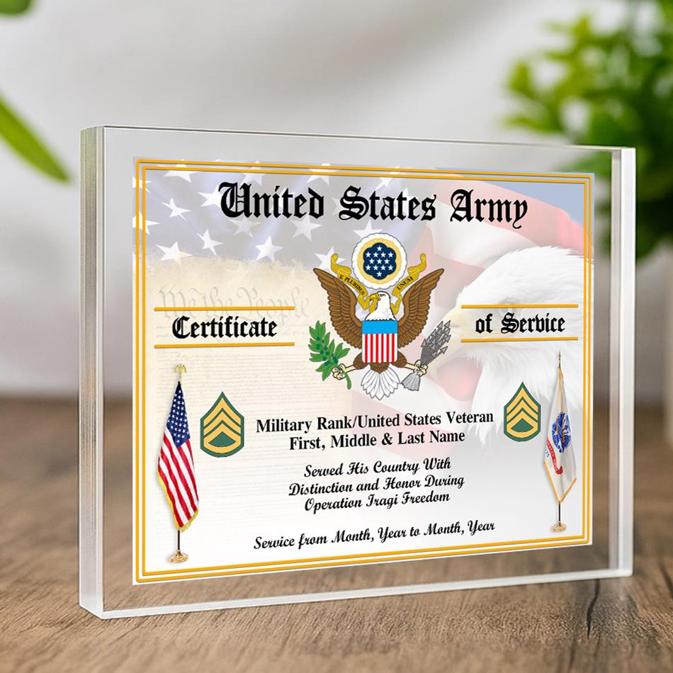 Veteran Certificates of Service Personalized Acrylic Block Plaque Veteran Custom All Military Branches Acrylic Plaque, Gift For Veterans H2511 Trna