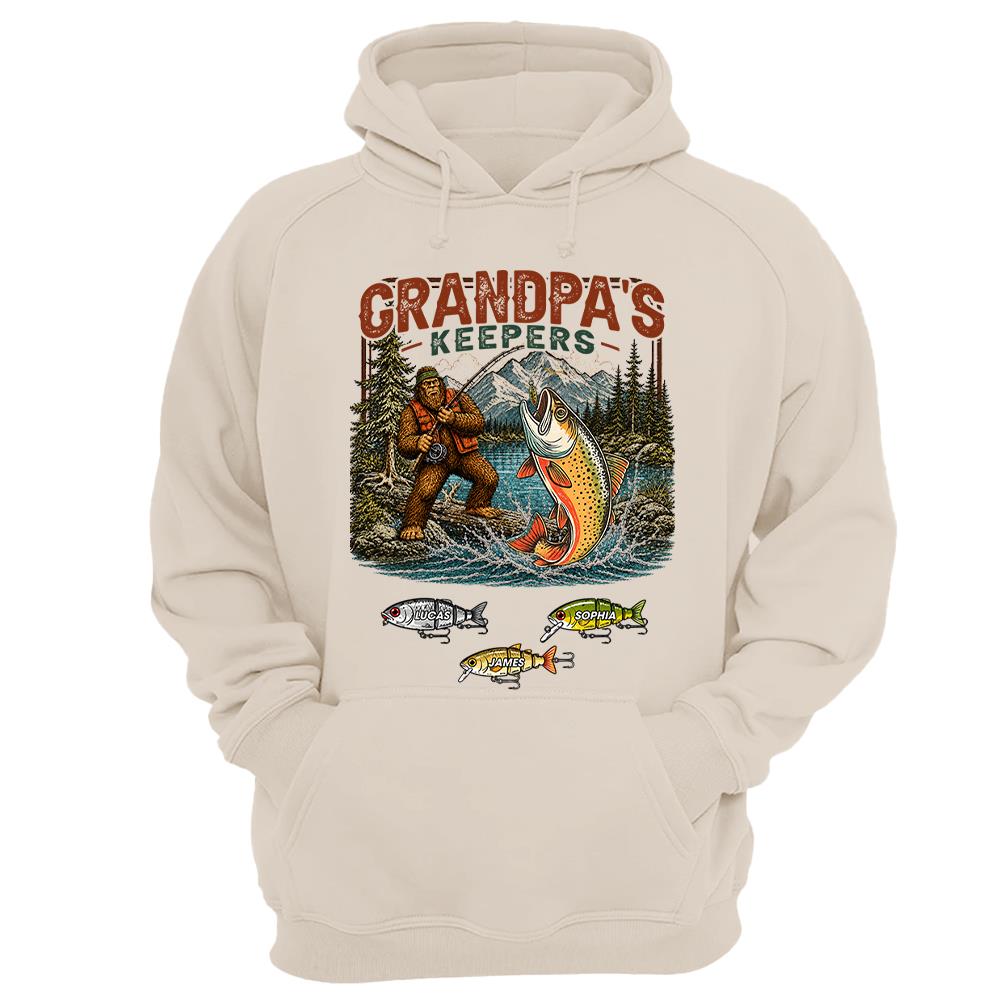 Grandpa's Keepers Bigfoot Fishing Shirt, Personalized Dad Shirt With Custom Kids, Bigfoot Fisherman Father's Day Gift, Gift for Dad Na02 Nh00