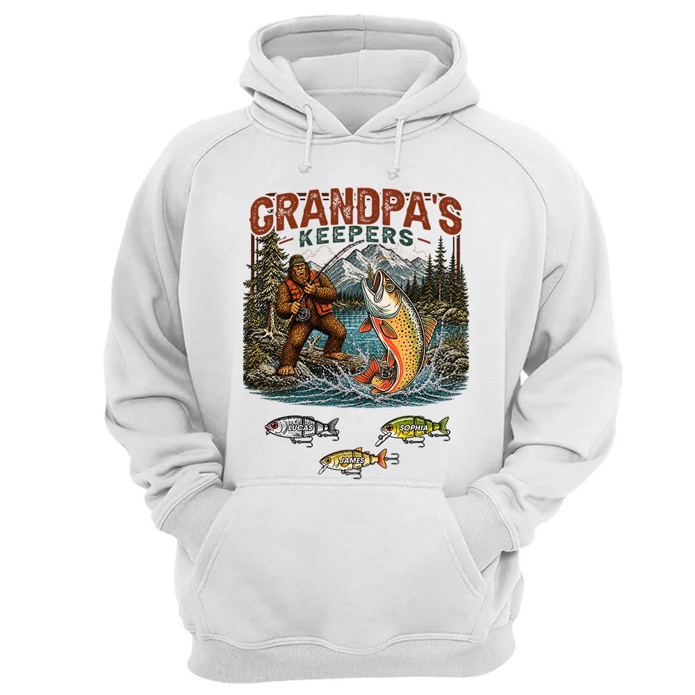 Grandpa's Keepers Bigfoot Fishing Shirt, Personalized Dad Shirt With Custom Kids, Bigfoot Fisherman Father's Day Gift, Gift for Dad Na02 Nh00