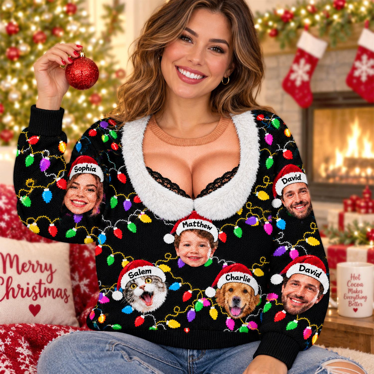 Personalized Funny Faux Cleavage Ugly Sweater, Lace-Trim Holiday Party Top, Custom Face Christmas Family Silly Xmas Leds T1807 Hv01