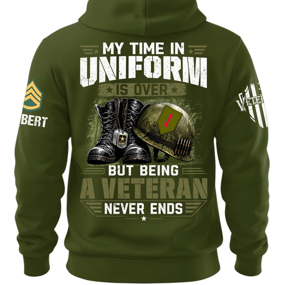 My Time In Uniform Is Over But Being A Veteran Never Ends Custom Division Rank Shirt For Proud Veteran Dad Grandpa H2511 Trna