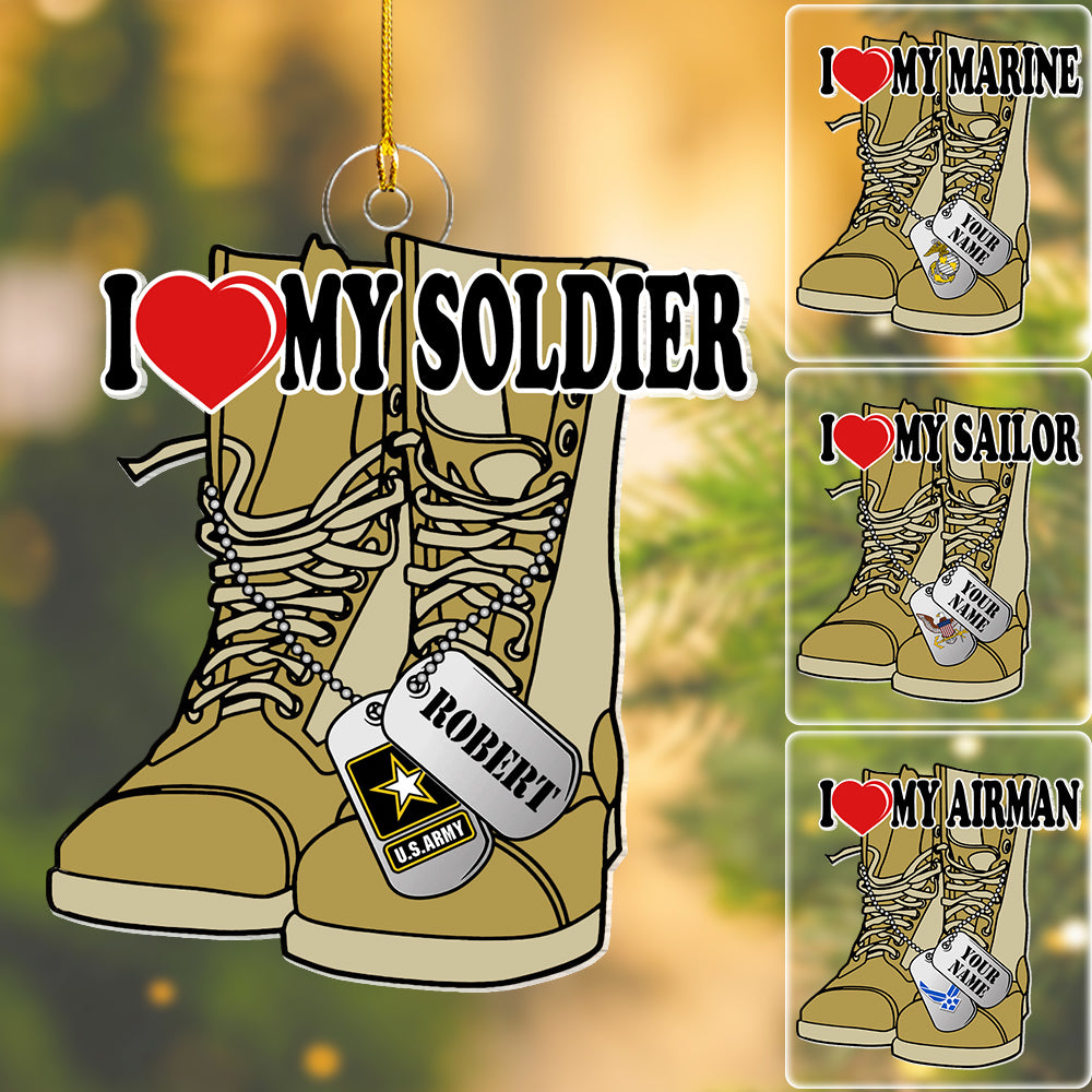 I Love My Soldier Proud Army Mom Dad Family Custom Christmas Acrylic Ornament H2511