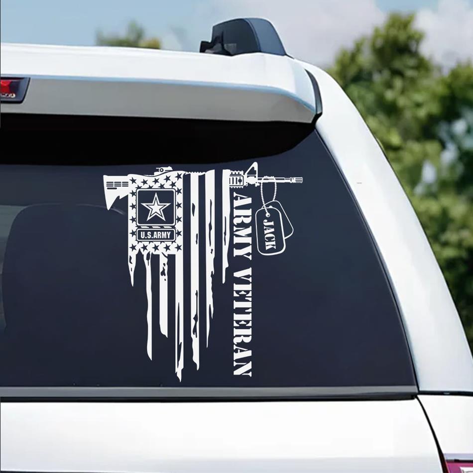 Veteran Dog Tags Distressed Flag Custom Car Decal Gift For US Veteran All Branches Of Service Logo H2511 Trna