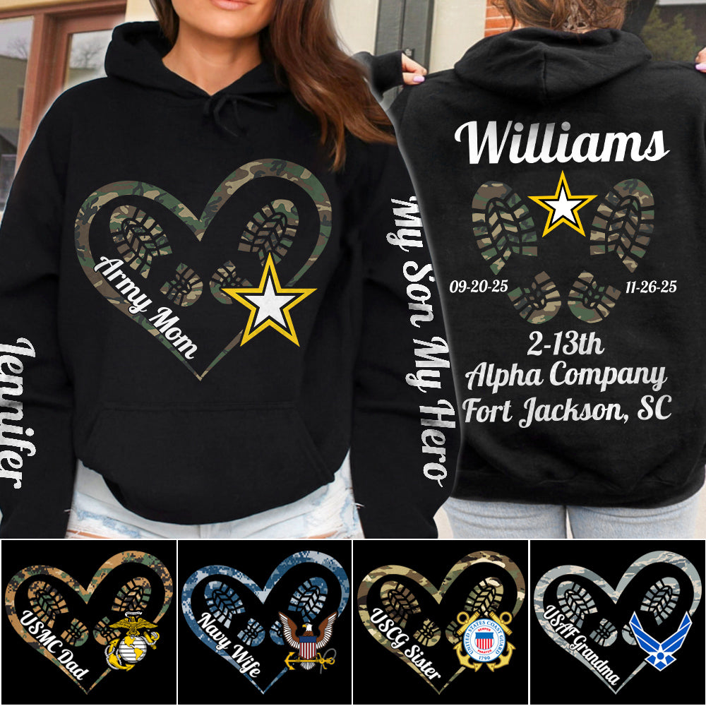 Army Mom Heart Boot Print Hoodie Personalized All Over Print Shirt Hoodie Custom with Name & Unit – My Son My Hero Gift For Military Family H2511 Trna