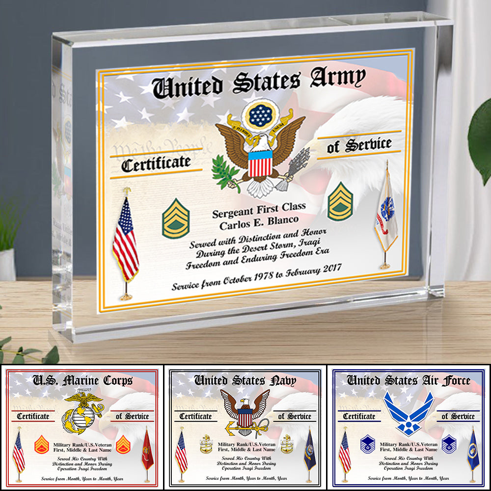 Veteran Certificates of Service Personalized Acrylic Block Plaque Veteran Custom All Military Branches Acrylic Plaque, Gift For Veterans H2511 Trna
