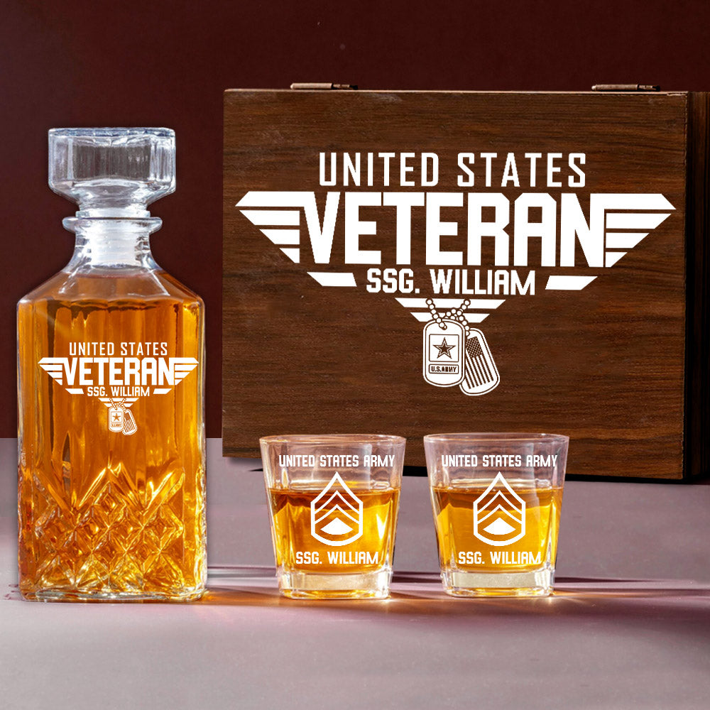 United States Veteran Custom All Branches Whiskey Decanter Set Gift For Veteran Dad Grandpa H2511