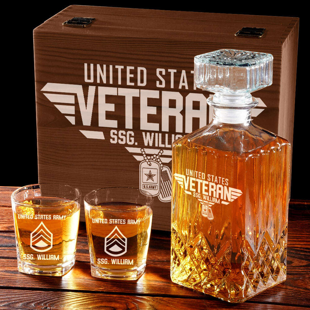 United States Veteran Custom All Branches Whiskey Decanter Set Gift For Veteran Dad Grandpa H2511