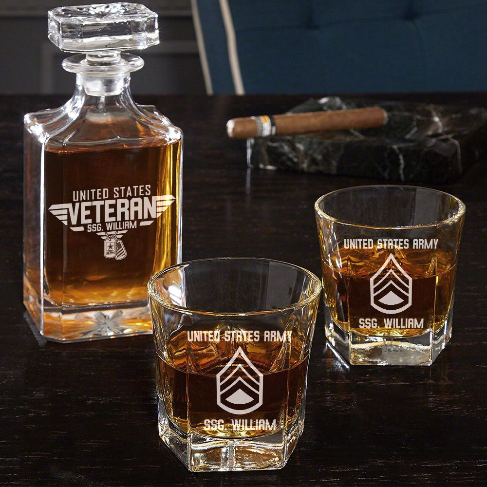 United States Veteran Custom All Branches Whiskey Decanter Set Gift For Veteran Dad Grandpa H2511