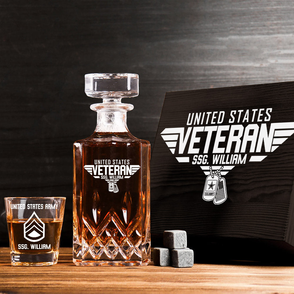 United States Veteran Custom All Branches Whiskey Decanter Set Gift For Veteran Dad Grandpa H2511