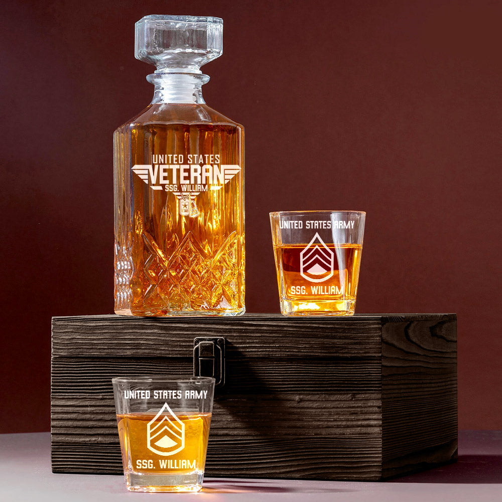 United States Veteran Custom All Branches Whiskey Decanter Set Gift For Veteran Dad Grandpa H2511