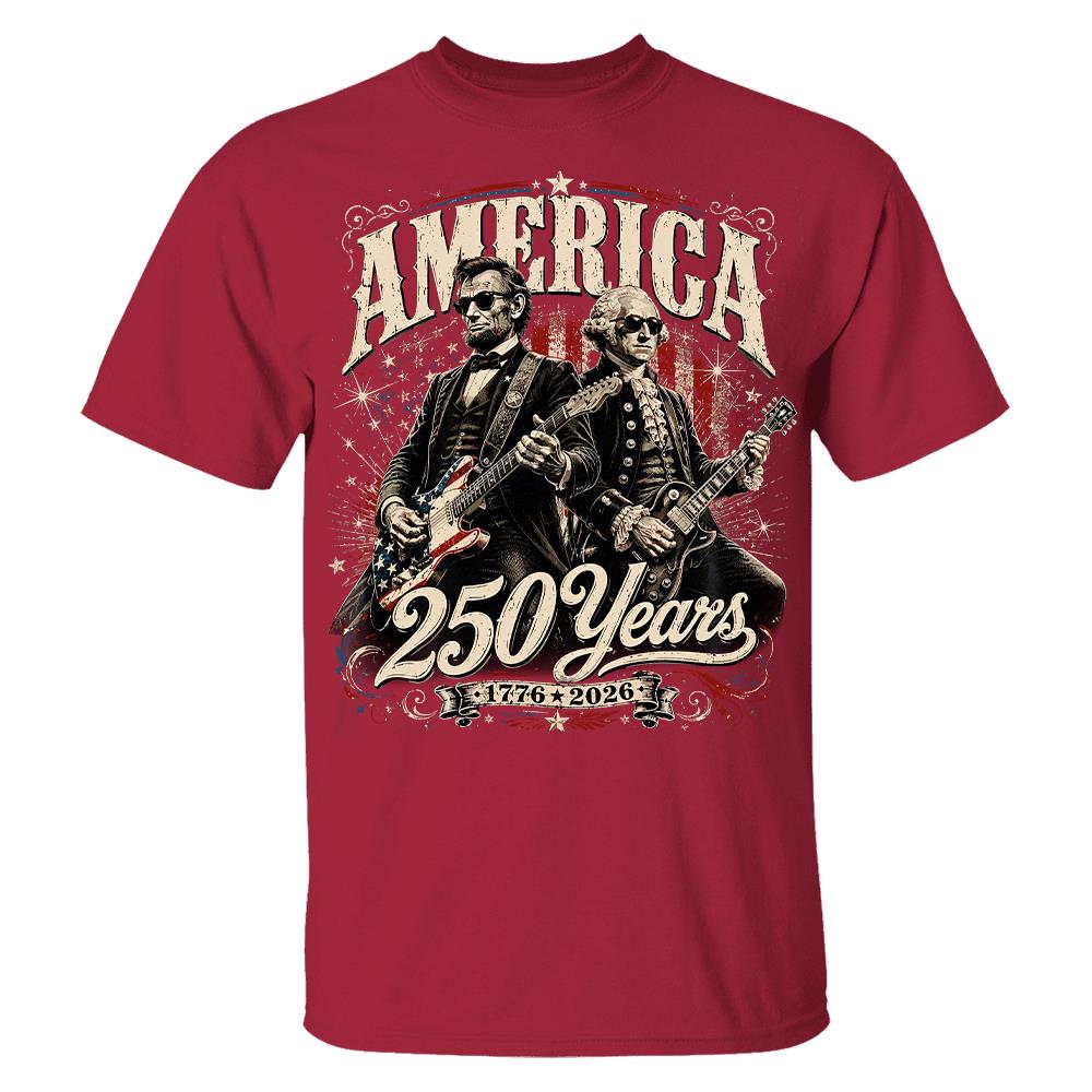 250 Years America Anniversary Guitar Shirt, George Washington & Lincoln Playing Guitar, Funny 4th of July Rock Tee Hv01